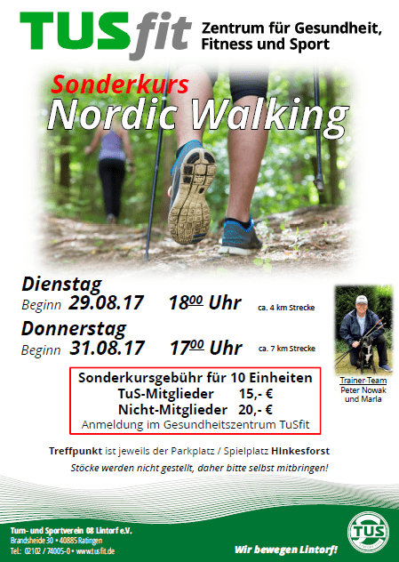 Plakat für Nordic Walking-Kurs mit Terminen, Gebühren und Treffpunkt, im Hintergrund Personen beim Nordic Walking.