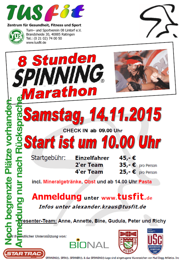 Poster für einen Spinning-Marathon mit Infos zu Datum, Startgebühren und Teamanmeldung. Grafiken von Teilnehmern im Hintergrund.