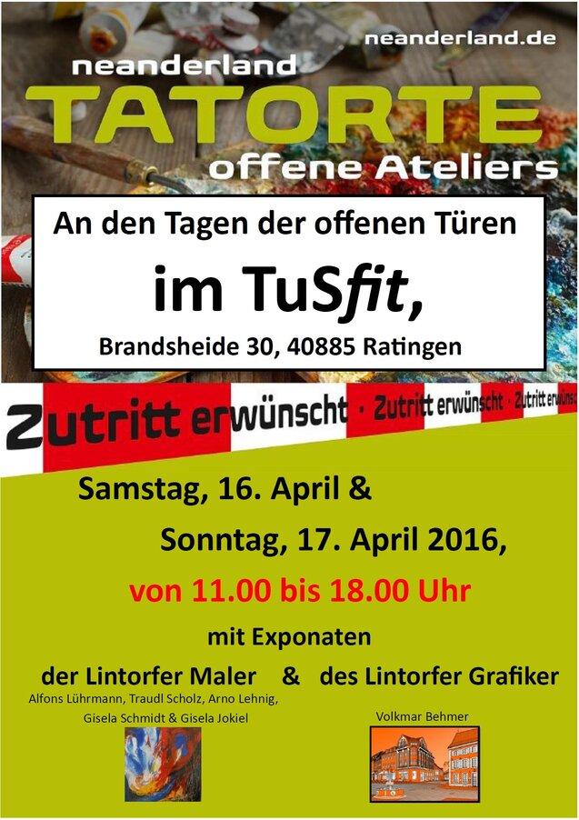 Flyer für die Veranstaltung "Tatorte - Offene Ateliers" in Ratingen am 16. und 17. April 2016, mit Details zu Ort und Exponenten.