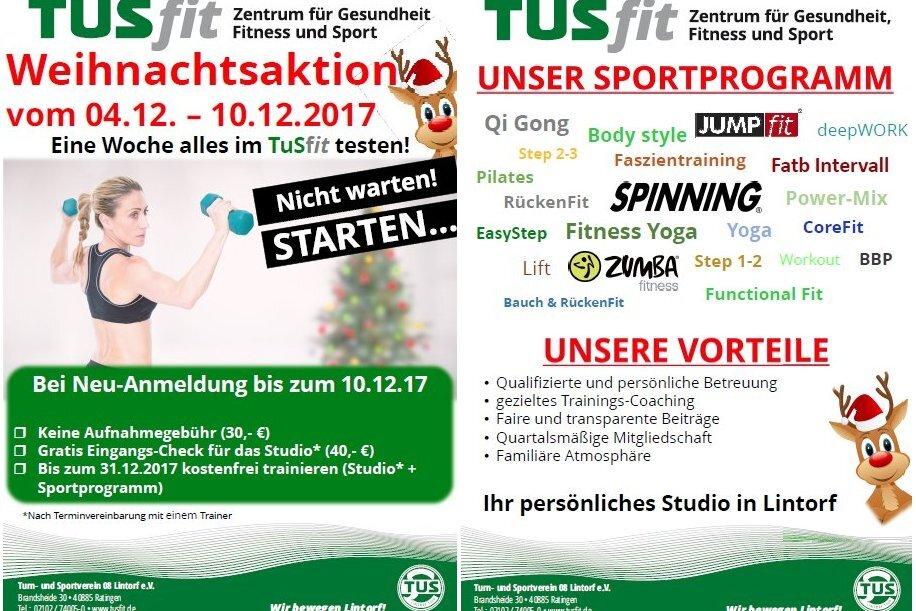 Weihnachtsaktion f&uuml;r TUSfit: Angebote und Sportprogramm vom 04.-10.12.2017 auf einem Informationsplakat.