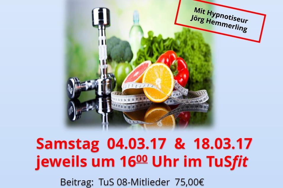 Plakat f&uuml;r Kurs "Abnehmen durch Hypnose" mit Fitnessger&auml;ten, Obst und Details zu Terminen und Preisen im Zentrum TuSfit.