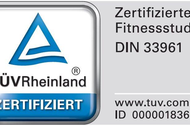 Zertifikat des T&Uuml;V Rheinland f&uuml;r ein Fitnessstudio, DIN 33961, mit Logo und ID-Nummer 0000018361.