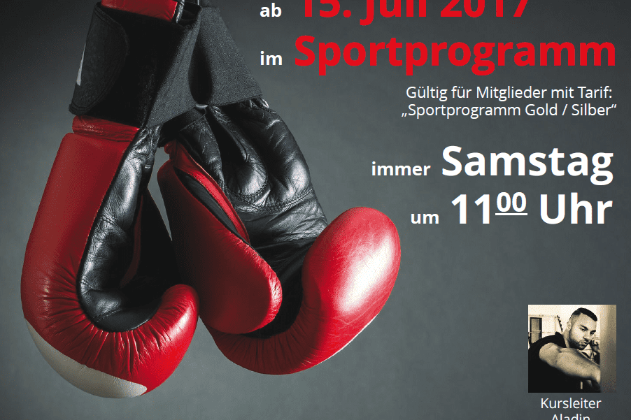 Plakat f&uuml;r Fitness Kick-Boxing mit roten Boxhandschuhen und Kursdetails in schwarzer und roter Schrift.