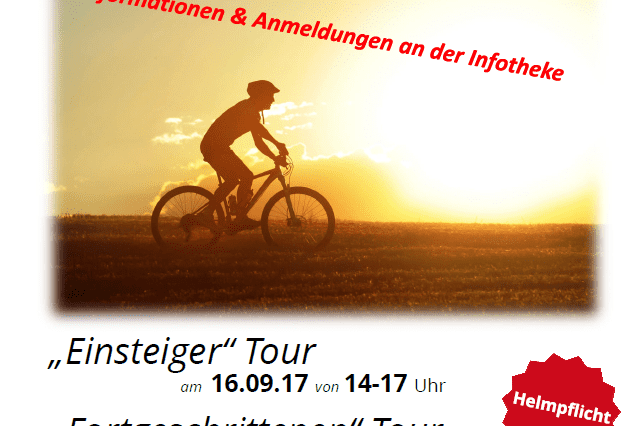 Plakat f&uuml;r Mountainbike-Touren mit Daten, Infos zur Anmeldung und einem Fahrer auf einem Rad in der D&auml;mmerung.