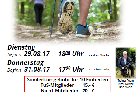 Plakat f&uuml;r Nordic Walking-Kurs mit Terminen, Geb&uuml;hren und Treffpunkt, im Hintergrund Personen beim Nordic Walking.