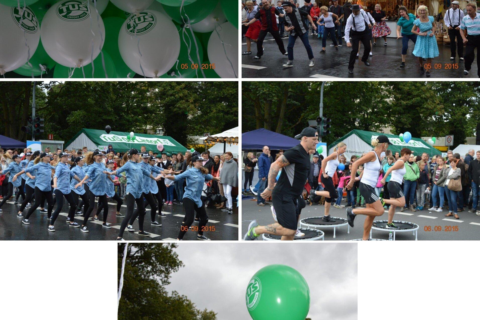 Grüne Luftballons mit Aufschrift sind zu sehen, während Menschen auf einer Veranstaltung tanzen und feiern.