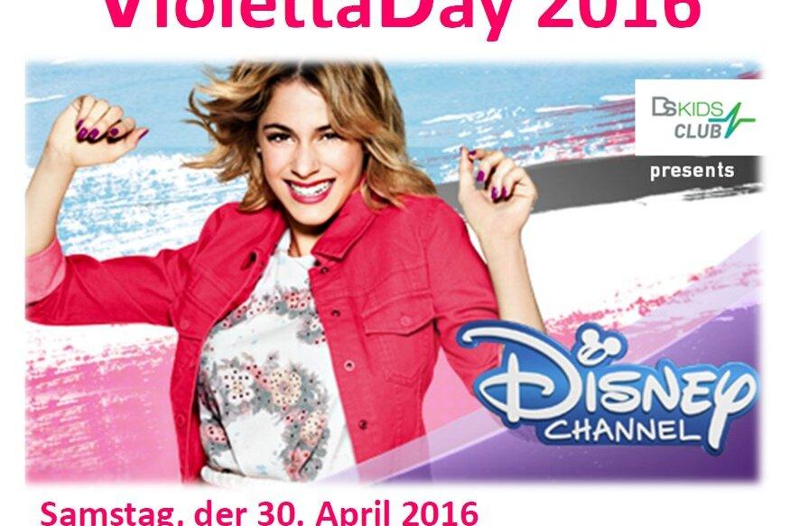 Buntes Veranstaltungsplakat f&uuml;r ViolettaDay 2016 mit Informationen zu Eintritt und Anmeldung, inklusive Disney Channel Logo.