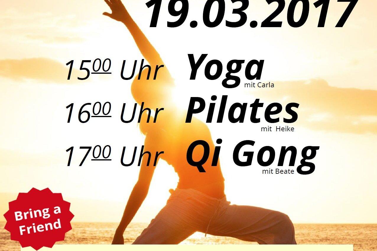 Plakat f&uuml;r TUSfit-Event: Body & Mind Tag mit Yoga, Pilates und Qi Gong am 19.03.2017. Veranstaltungshinweise und Kontaktinfos.