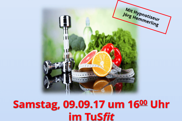 Infovortag "Abnehmen durch Hypnose" mit Datum, Uhrzeit und gesunder Lebensmittel-Einlage auf ansprechendem Hintergrund.