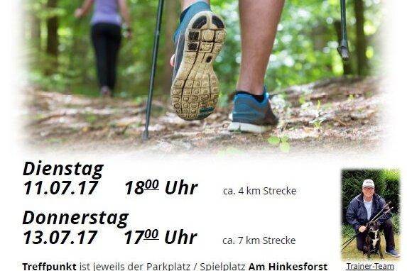 Plakat f&uuml;r Nordic Walking-Kurs mit Termininformationen und Bildern von Personen beim Gehen in der Natur.