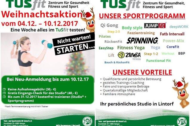 Weihnachtsaktion f&uuml;r TUSfit: Angebote und Sportprogramm vom 04.-10.12.2017 auf einem Informationsplakat.