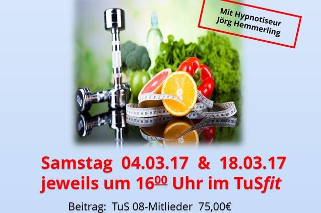 Plakat f&uuml;r Kurs "Abnehmen durch Hypnose" mit Fitnessger&auml;ten, Obst und Details zu Terminen und Preisen im Zentrum TuSfit.