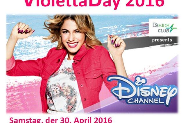 Buntes Veranstaltungsplakat f&uuml;r ViolettaDay 2016 mit Informationen zu Eintritt und Anmeldung, inklusive Disney Channel Logo.