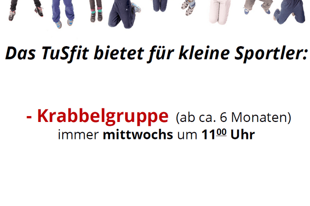 Kinder springen fr&ouml;hlich in der Luft, mit Textinformationen &uuml;ber eine Krabbelgruppe im TuSfit Zentrum.