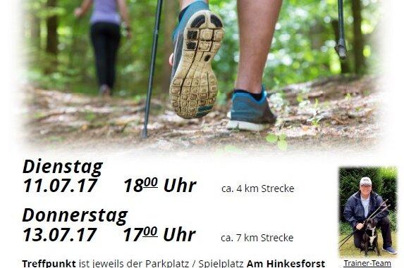 Plakat f&uuml;r Nordic Walking-Kurs mit Termininformationen und Bildern von Personen beim Gehen in der Natur.