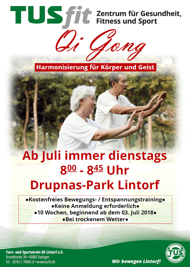 Zwei Senioren praktizieren Qi Gong im Druppnas-Park Lintorf, umgeben von grüner Natur.