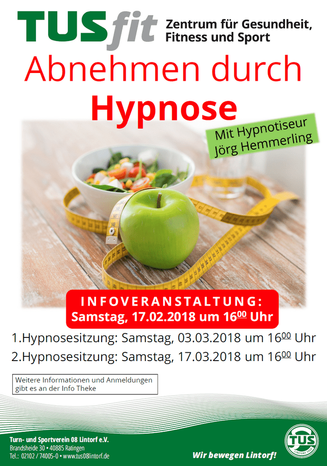 Flyer für Hypnose-Infoveranstaltung mit Apfel, Maßband und Salat in einer Schüssel auf einem Holzuntergrund.