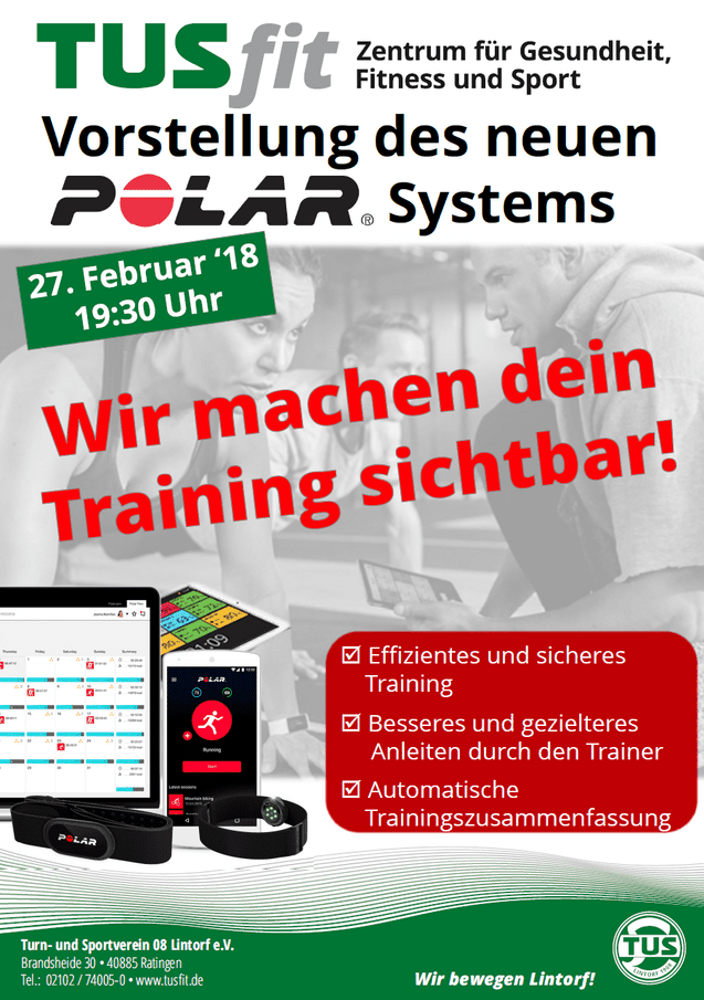Werbung für die Vorstellung des neuen POLAR Systems bei TUSfit mit Details und Trainingsinformationen.