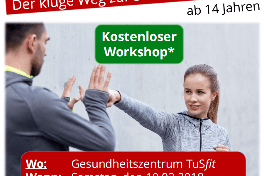 Poster f&uuml;r einen kostenlosen Wing-Tsun Workshop mit Informationen zu Termin, Ort und Zielgruppe, abgebildet sind zwei Personen im Training.