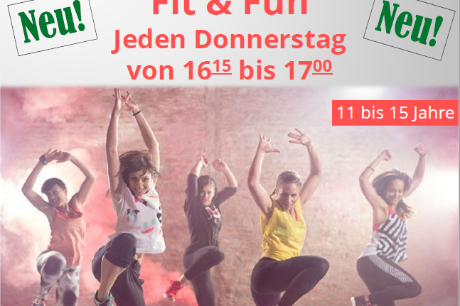 Plakat f&uuml;r das TUSfit Teenager Sportprogramm, mit tanzenden Jugendlichen in Fitnessbekleidung und bunten Lichtern.