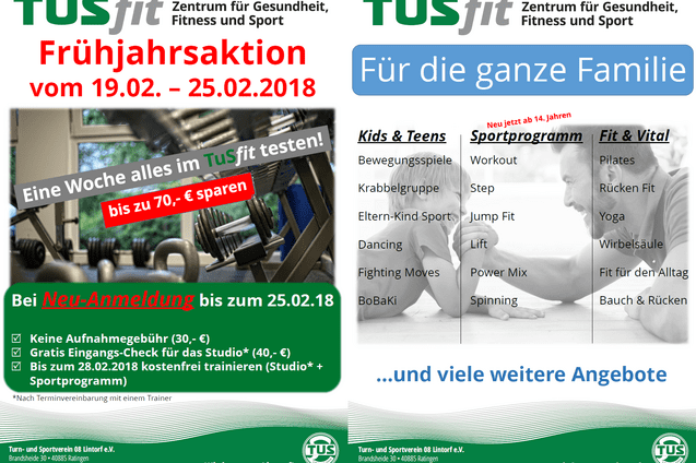 Werbung f&uuml;r eine Fitnessaktion von TUSfit mit Informationen zu Angeboten f&uuml;r Familien und ein &Uuml;bersicht von Kursen.