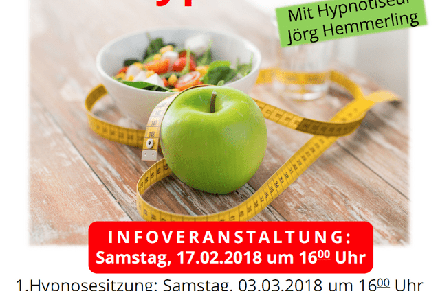 Flyer f&uuml;r Hypnose-Infoveranstaltung mit Apfel, Ma&szlig;band und Salat in einer Sch&uuml;ssel auf einem Holzuntergrund.