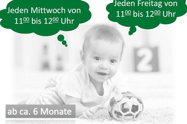 Anzeige f&uuml;r eine Krabbelgruppe mit einem l&auml;chelnden Baby und einem bunten Spielzeug auf dem Boden, Zeiten und Infos im Hintergrund.
