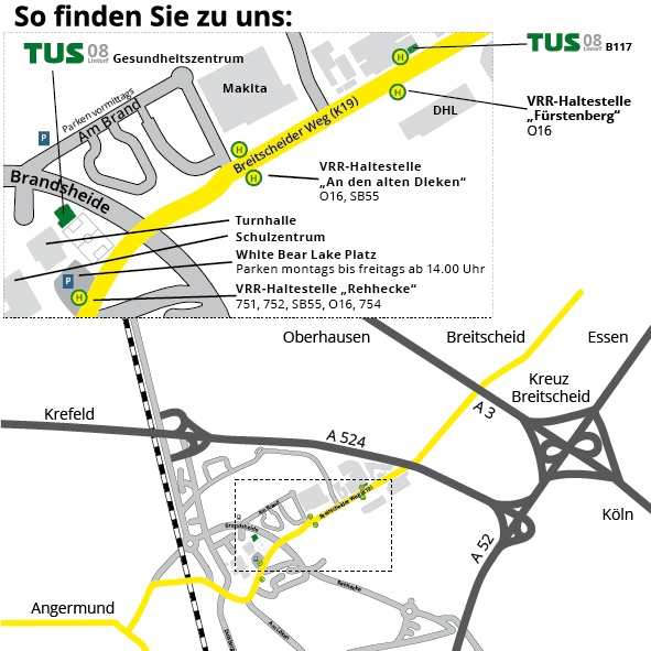 Karte mit Wegbeschreibung zum TUS 08, Haltestellen, Parkpl&auml;tzen und wichtigen Orten in der Umgebung.