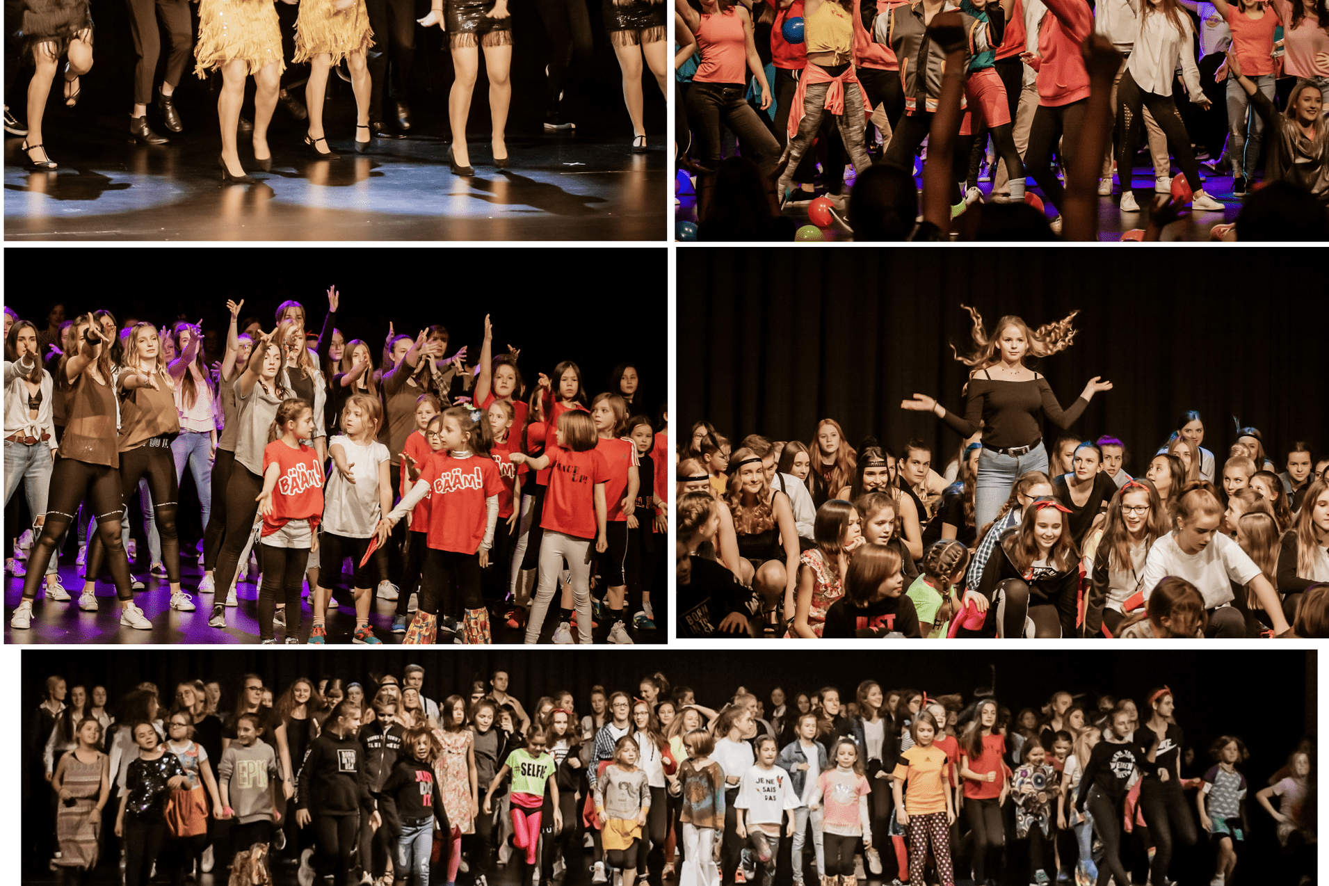 Gruppentanzauff&uuml;hrung auf einer B&uuml;hne mit T&auml;nzern in bunten Kost&uuml;men und fr&ouml;hlicher Stimmung.