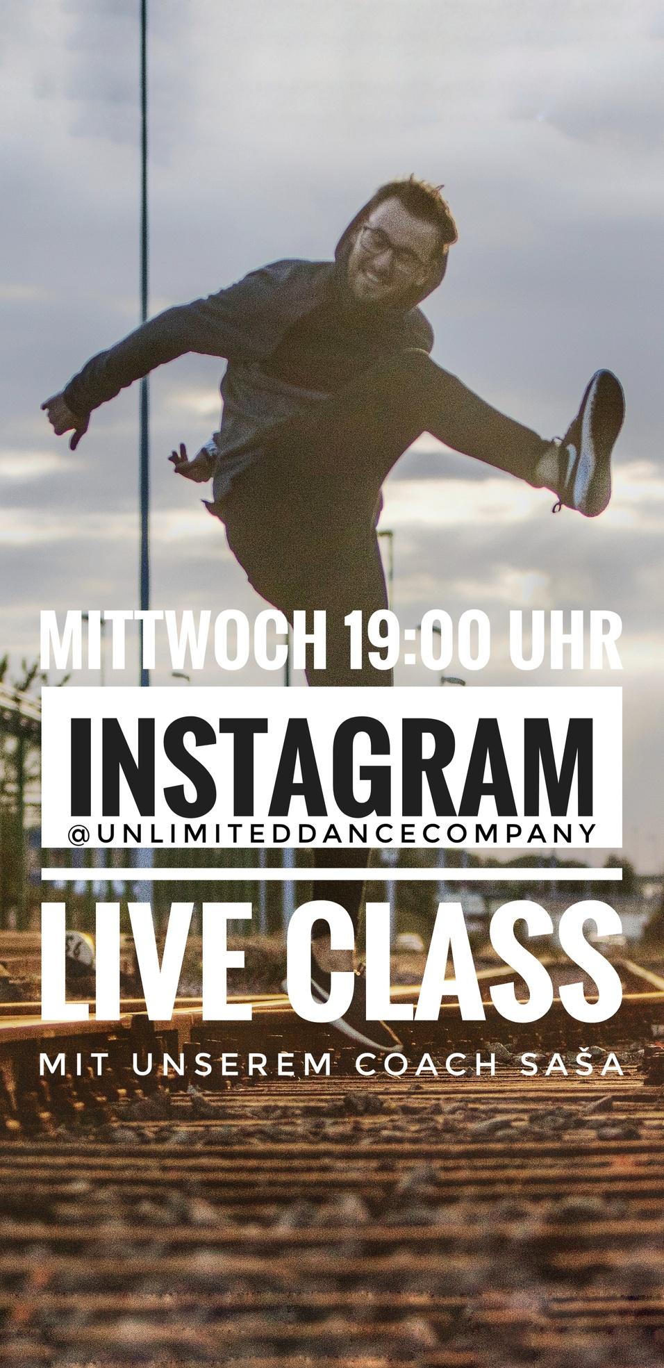 Tanzender Mann auf einem Schienenweg, beworben wird eine Live-Class auf Instagram mit Coach Sa&scaron;a.