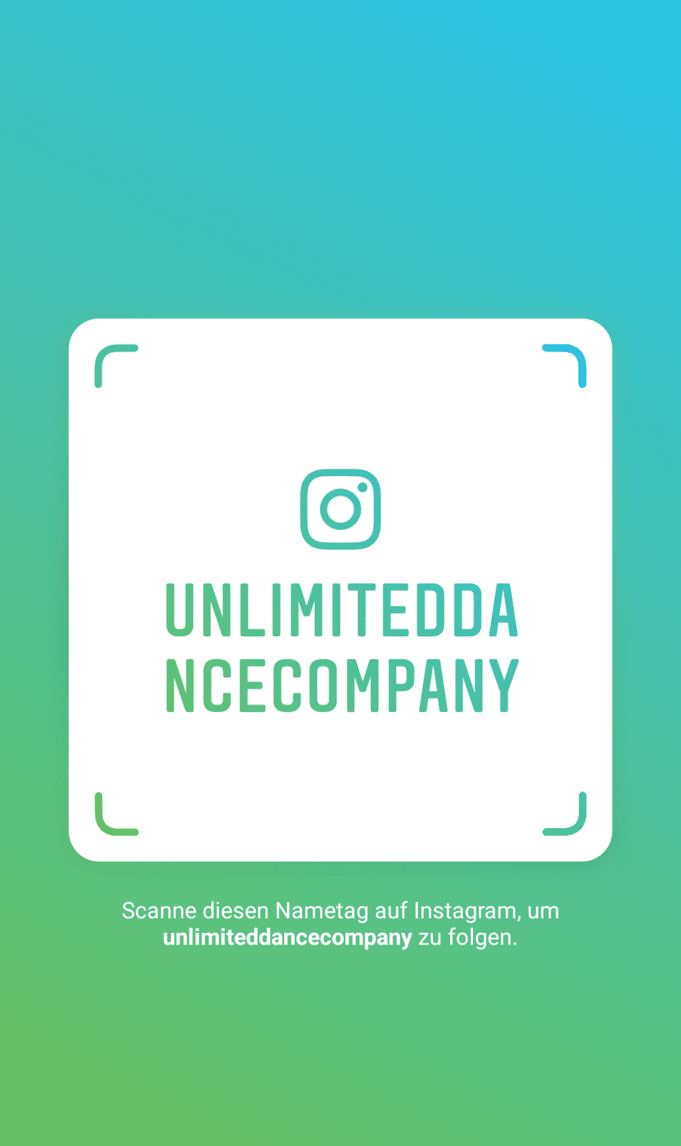 Grafik mit Instagram-Nametag &bdquo;unlimiteddancecompany&ldquo; auf einem Farbverlauf in Blau und Gr&uuml;n zum Scannen.