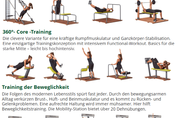 Verschiedene Fitness&uuml;bungen am Dr. Wolff Outdoor Campus, inklusive Kraft-, Core- und Beweglichkeitstraining.
