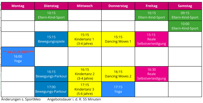 Wochen&uuml;bersicht mit verschiedenen Sport- und Bewegungsangeboten, farblich codiert nach Wochentagen und Uhrzeiten.