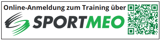 Banner f&uuml;r die Online-Anmeldung zum Training &uuml;ber SPORTMEO mit QR-Code.
