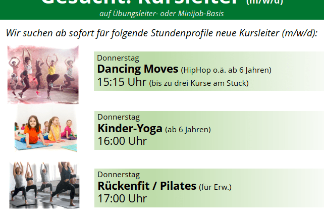 Anzeige f&uuml;r Kursleiter im Fitnesszentrum TUSfit mit Stundenprofilen und Kontaktdaten. Grafische Gestaltung in hellen Farben.