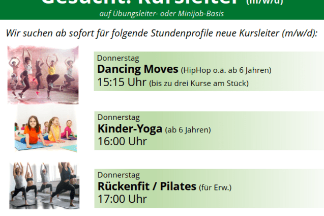 Anzeige f&uuml;r Kursleiter im Fitnesszentrum TUSfit mit Stundenprofilen und Kontaktdaten. Grafische Gestaltung in hellen Farben.