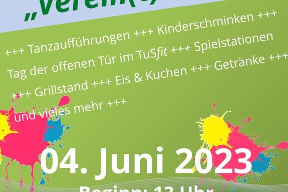 Bunt gestaltetes Plakat f&uuml;r ein Sommerfest mit Programmhinweisen und Datum 04. Juni 2023 im Verein.