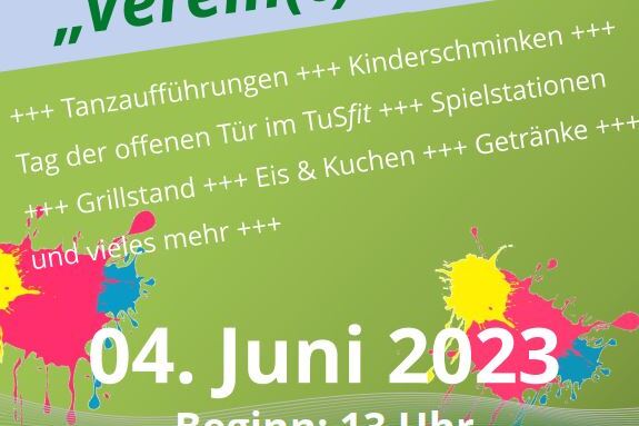 Bunt gestaltetes Plakat f&uuml;r ein Sommerfest mit Programmhinweisen und Datum 04. Juni 2023 im Verein.