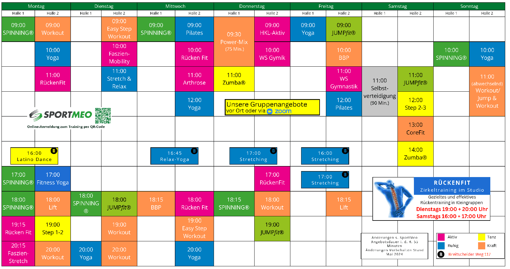 Wochenübersicht mit Sportkursen, Zeiten und Räumen in einer farbcodierten Tabelle. Kursdetails hervorgehoben.