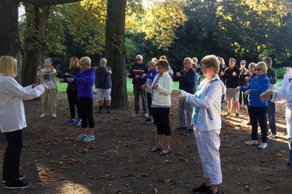 Gruppe von Menschen in einem Park, die an einer Tai-Chi-&Uuml;bung unter Anleitung einer Lehrerin teilnehmen.