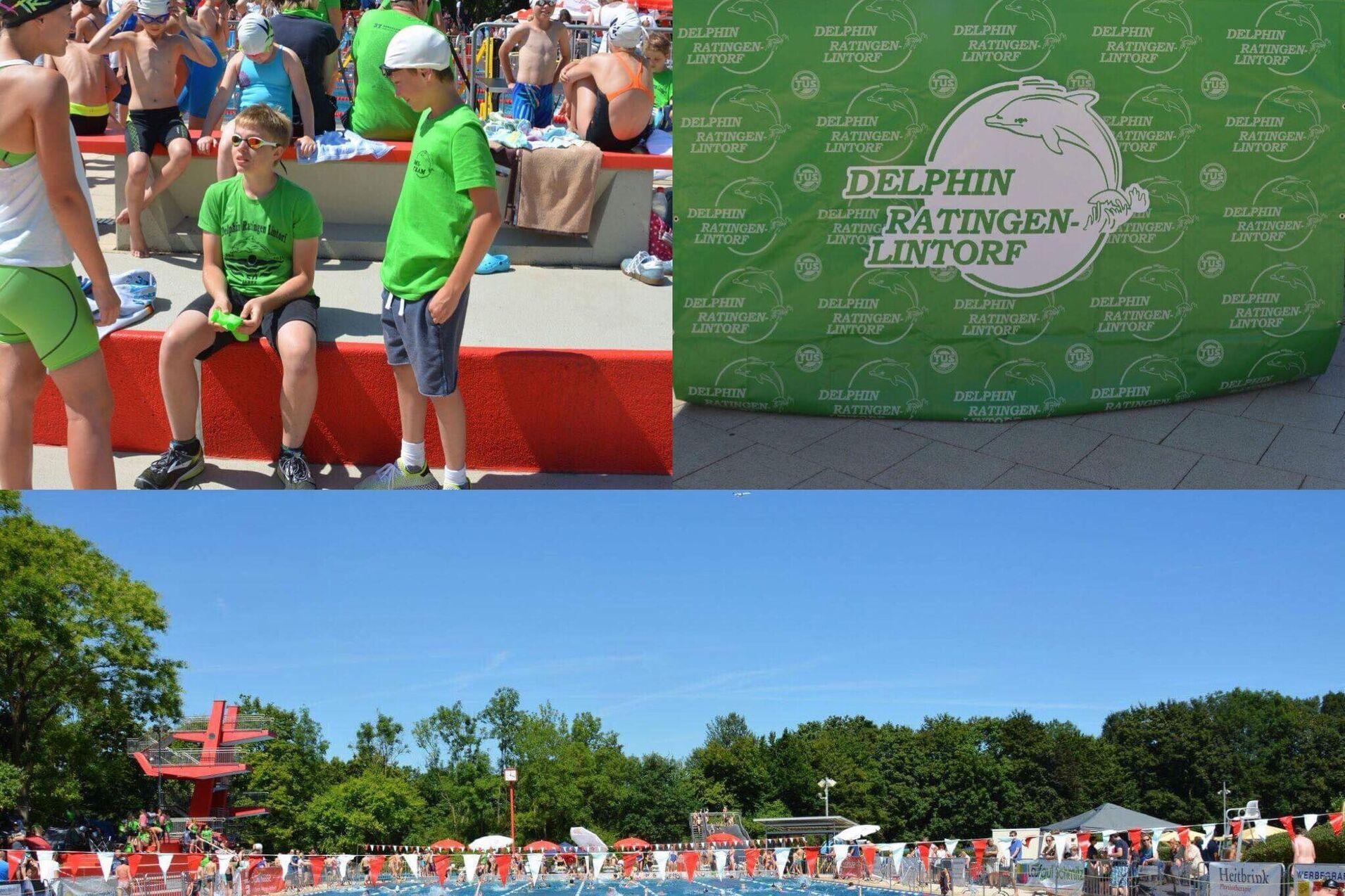 Gemeinschaftsveranstaltung im Freibad mit Schwimmern, Zuschauern und einem Banner des Vereins Delphin Ratingen-Lintorf.