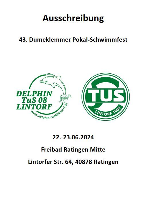 Ausschreibung f&uuml;r das 43. Dumeklemmer Pokal-Schwmf fest vom 22.-23.06.2024 im Freibad Ratingen Mitte.