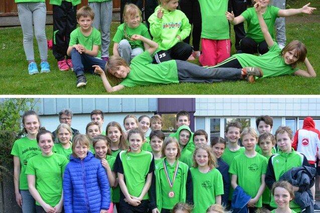 Gruppenfoto von Kindern in gr&uuml;nen T-Shirts, eine Gruppe feiert im Freien, die andere steht auf dem Sportplatz.