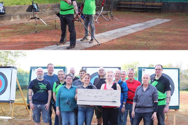 Zwei Bilder: Oben ein Bogensch&uuml;tze in Aktion, unten eine Gruppe von Sch&uuml;tzen l&auml;chelt mit einem Gewinnscheck vor Zielscheiben.