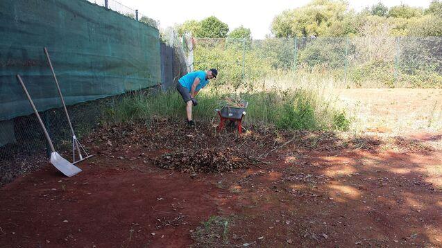 Person entfernt Unkraut auf einem Tennisplatz mit einer Schubkarre, umgeben von hohem Gras und Büschen.