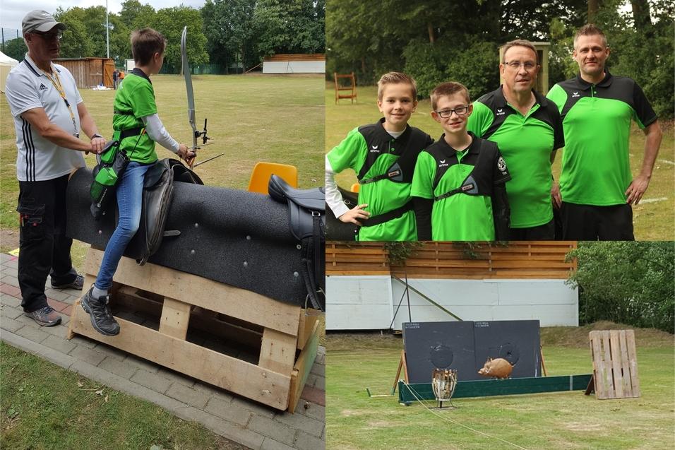 Kind sitzt auf einem Trainingssimulator mit einer Sportger&auml;t, umgeben von zwei Erwachsenen in gr&uuml;nen Shirts und einer Zielscheibe im Hintergrund.