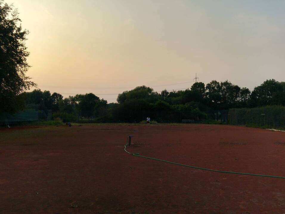 Leerer Tennisplatz mit rotem Belag, umgeben von Bäumen und sanftem, wolkigem Himmel im Hintergrund.