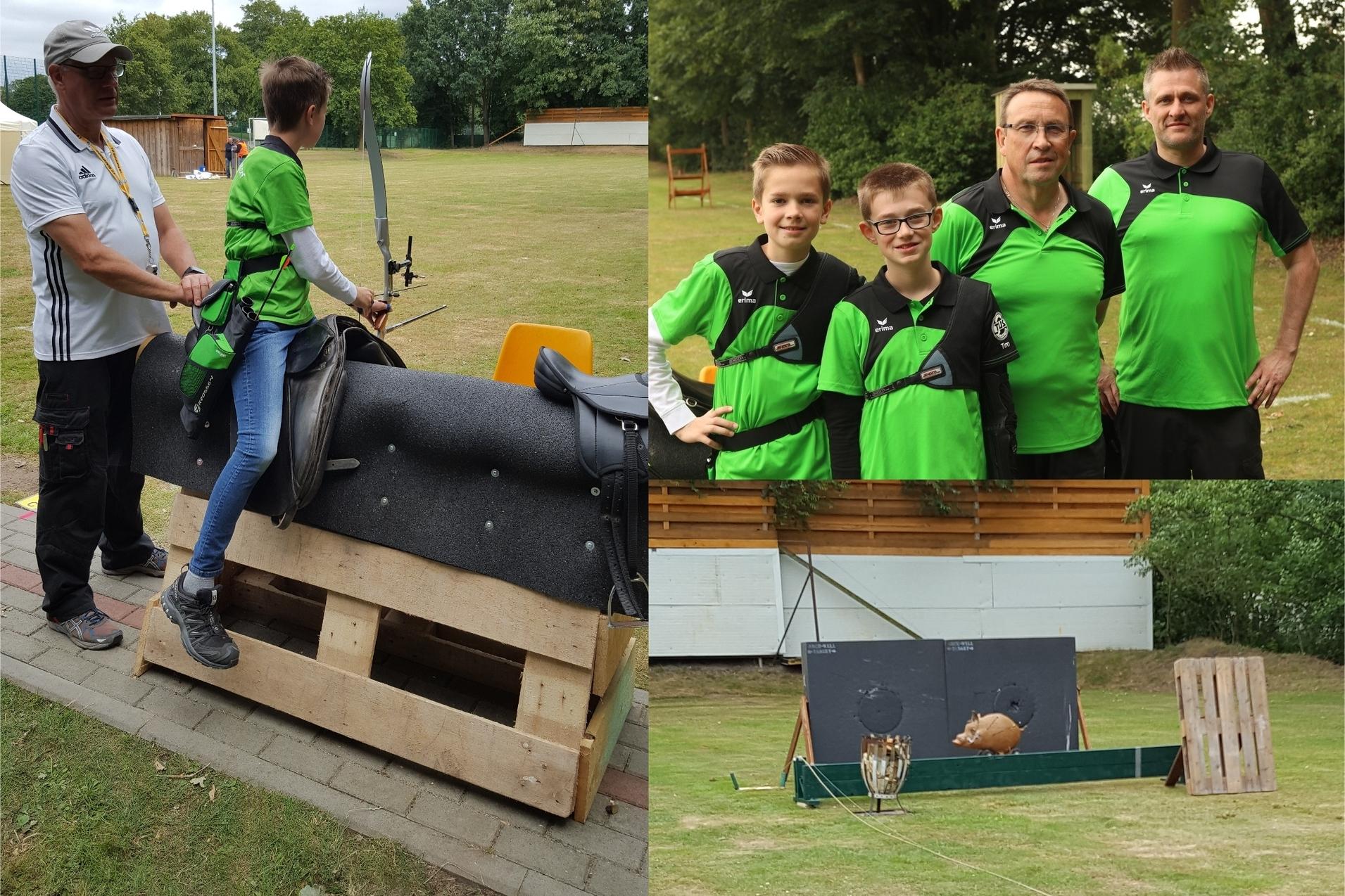 Kind sitzt auf einem Trainingssimulator mit einer Sportgerät, umgeben von zwei Erwachsenen in grünen Shirts und einer Zielscheibe im Hintergrund.