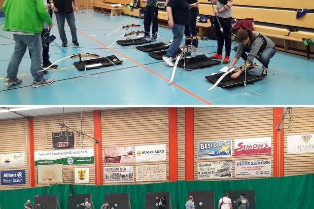 Sportveranstaltung in einer Halle: Gruppen von Bogensch&uuml;tzen trainieren an Bogenst&auml;ndern und zielen auf Zielscheiben.