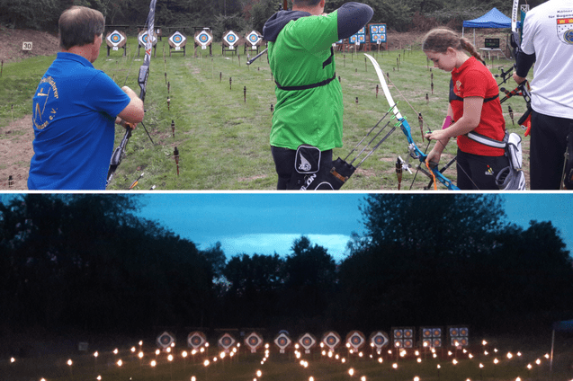 Sicht auf einen Bogenschie&szlig;platz mit mehreren Sch&uuml;tzen und Zielscheiben, beleuchtet von Fackeln bei D&auml;mmerung.